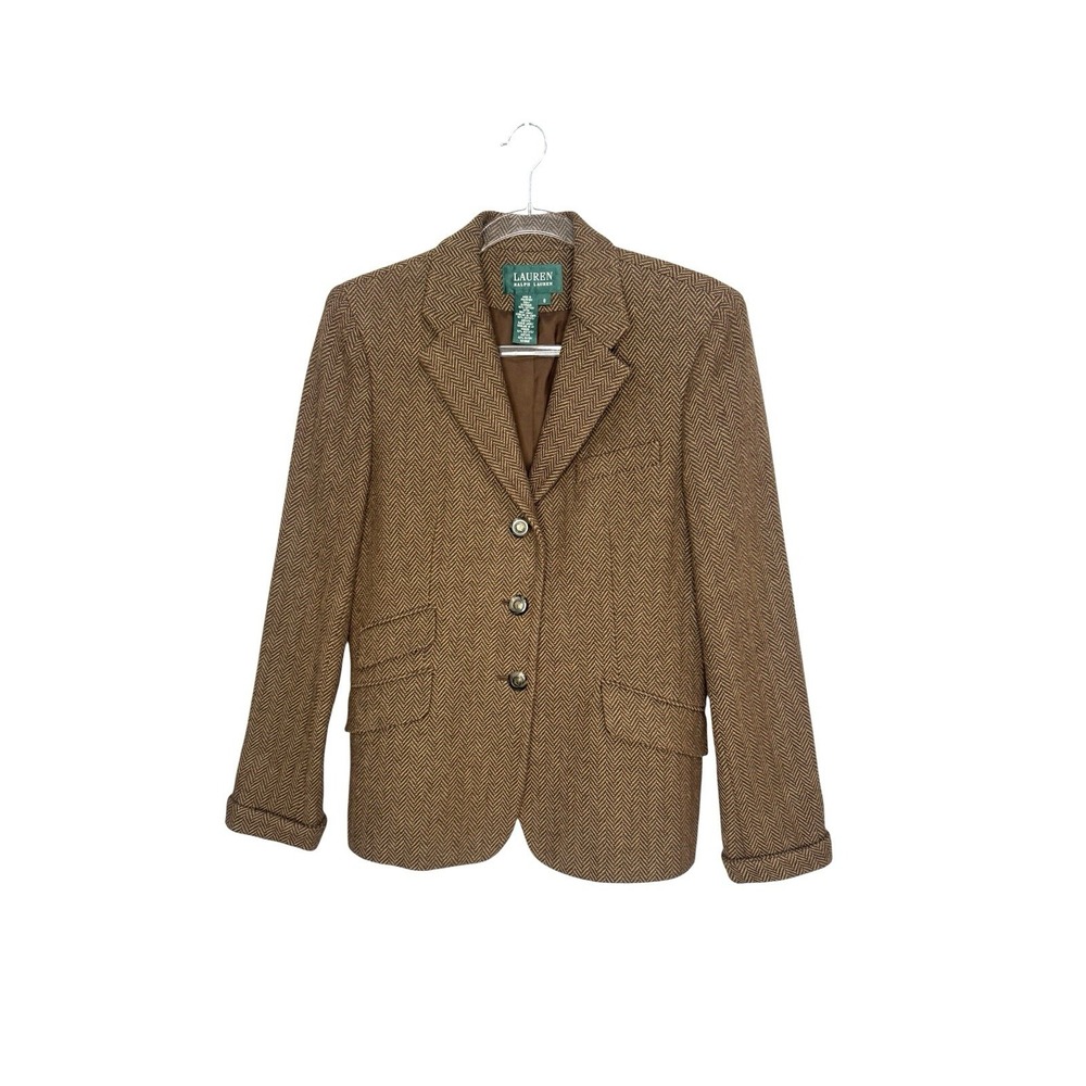 Ralph Lauren LRL Herringbone Blazer Size 8 Brown Equestrian Preppy Old Money